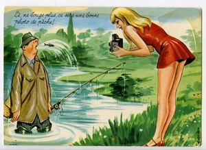 France Humoristic Postcard Sexy Photographer & Wet Fisherman 1950
