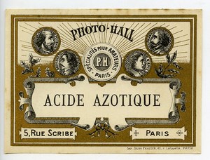 France Etiquette Acide Azotique Produits Photographique Photo Hall 1880