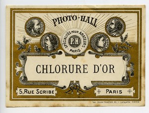 France Etiquette Chlorure d'Or Produits Photographique Photo Hall 1880