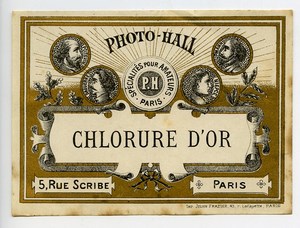 France Etiquette Chlorure d'Or Produits Photographique Photo Hall 1880