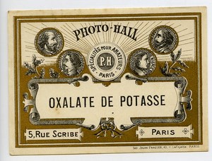 France Etiquette Oxalate de Potasse Produits Photographique Photo Hall 1880