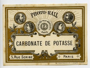 France Etiquette Carbonate de Potasse Produits Photographique Photo Hall 1880