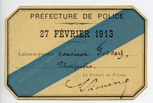 France Paris Photographe Fossey Laissez-passer Prefecture de Police 1913