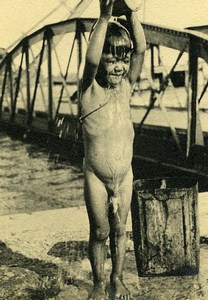 Vietnam Saigon Bridge Street Scene Young Boy Showering Old Photo 1935