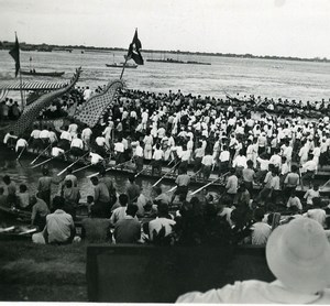 Cambodia Phnom Penh Regatta on Mekong River Spectators Old Photo 1935