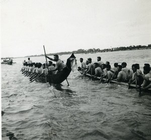 Cambodia Phnom Penh Regatta on Mekong River Pirogue Old Photo 1935