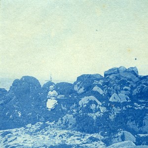 France Bretagne Seaside Woman sat on Rocks Old Photo Cyanotype 1900