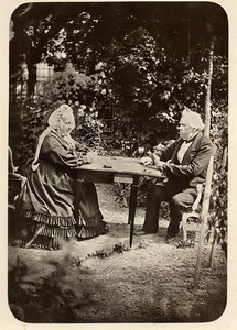 France Couple Playing Cards in Garden Old Photo 1880