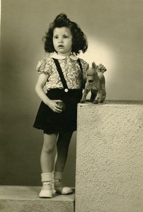 France Fillette et Chien en Peluche Jeu d'Enfants Jouet Ancienne Photo 1920