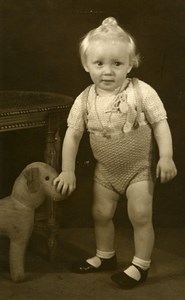 France Toddler & Stuffed Dog Toy Children Game Old Photo 1920