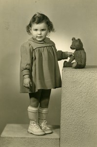 France Baby Girl & Stuffed Teddy Bear Toy Children Game Old Photo 1920