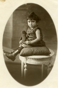 France Paris Baby Girl & Stuffed Teddy Bear Toy Children Game Old Photo 1920