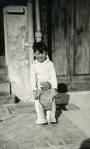 France Toddler Boy & his Stuffed Toy Bear Children Game Old Amateur Photo 1930