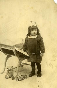 France Croix Baby Girl & Stuffed Teddy Bear Toy Children Game Old Photo 1920