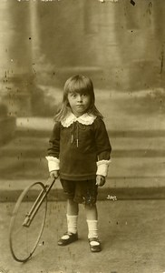 France Young Boy Pulling wheel Hoop Children Game Old Photo 1920