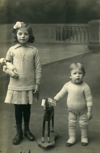 France Doll and Pull along Wooden Horse Children Game Old Photo 1920