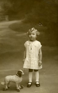 France Little Girl & pull along Dog Toy Children Game Old Photo 1920