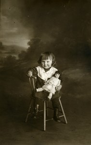 France Toddler & Doll on Chair Children Game Old Photo 1920