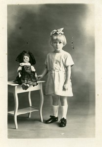 France Young Girl & Doll on a Table Children Game Old Photo 1920