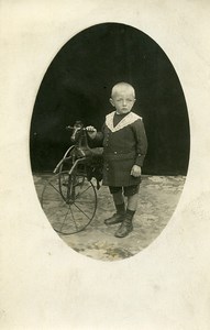 France Garconnet et Tricycle Cheval Jeu d'Enfants Ancienne Photo Amateur 1920