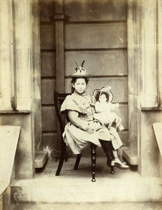 France Jeune Fille et sa Poupée Jouet Jeu d'Enfants Ancienne Photo 1890