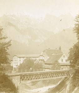 Switzerland or France Alps Mountain Village Bridge Old Photo 1900