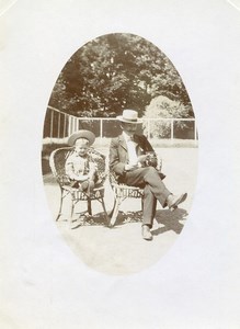 France Calais Father & Son sat in Wicker Chairs Hats Old Photo 1900