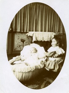 France Calais Childhood Toddler Girl & Baby in Moses Basket Old Photo 1900