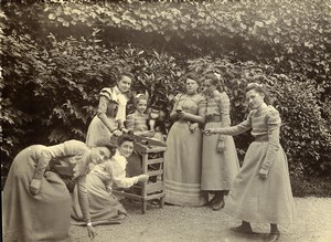 France Lille Region Girls Playing Frog Game one holding a Doll Old Photo 1900