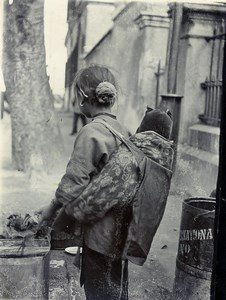 China Young Girl carrying a child Back to Camera Old Photo 1900