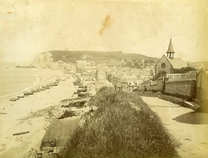 France Le Treport? Chapel Beach Fishing Boats Cliffs old Photo 1880