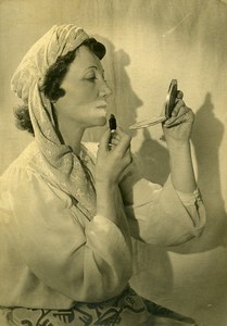 France La Guiche Woman applying Makeup Lipstick old Photo 1955