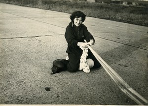 France Woman Parachutist Parachute folding Autograph old Photo 1950