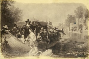 Germany Painting Artwork Group on Boat Swans old Photo Albert 1855