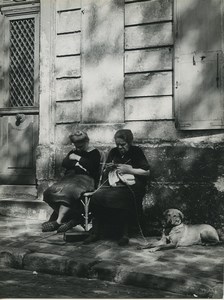 France Paris place du Tertre Ladies Knitting & Napping Dog Old Photo 1952