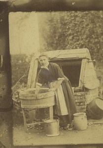 North of France Lille region Woman doing the washing by a Well Old Photo 1880