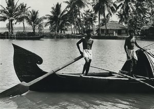 Indonesia Seaside Young men on Boat Palm Trees Old Photo Defossez 1970's