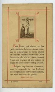 France Paris Mersch Christ on Cross old Holy card circa 1900 with small photo