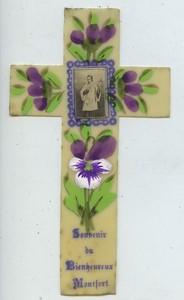 France Bienheureux Montfort old Holy card cross circa 1900 with small photo