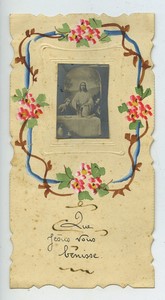 France Jesus Benediction old Holy card circa 1900 with small photo