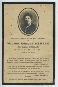 France Eugenie Bouchain Beniau Death Holy card 1918 with small photo