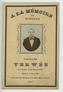 France Roubaix Charles Verwee Death Holy card 1897 with small photo