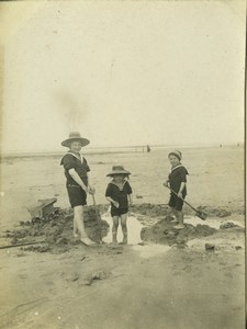 France Saint Aubin Beach Children digging sand Calvados? Old Photo 1909