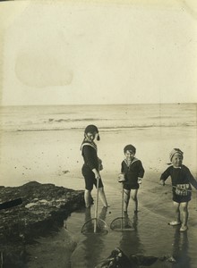 France Saint Aubin Beach Children Fishing Nets Shrimp? Calvados? Old Photo 1909