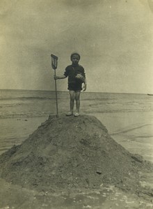 France Saint Aubin Beach Boy with Net on Mound of sand Calvados? Old Photo 1909