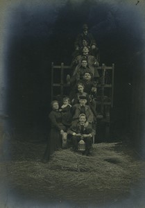 France Group resting in a Barn Acrobats Goat & Dog Old Cabinet Card Photo 1900
