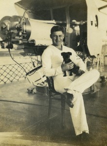 USA Sailor and his dog  on a Ship bridge? Old Photo 1940