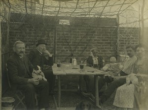 France Group posing Outside with drinks dogs Baby Old Photo 1910