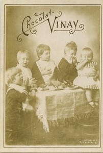 France Chocolat Vinay 5 young children Meal time Old Chromo Photo Schröder 1890s