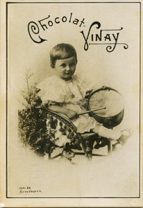 France Chocolat Vinay Toddler playing Drum Old Chromo Photo Males 1890's